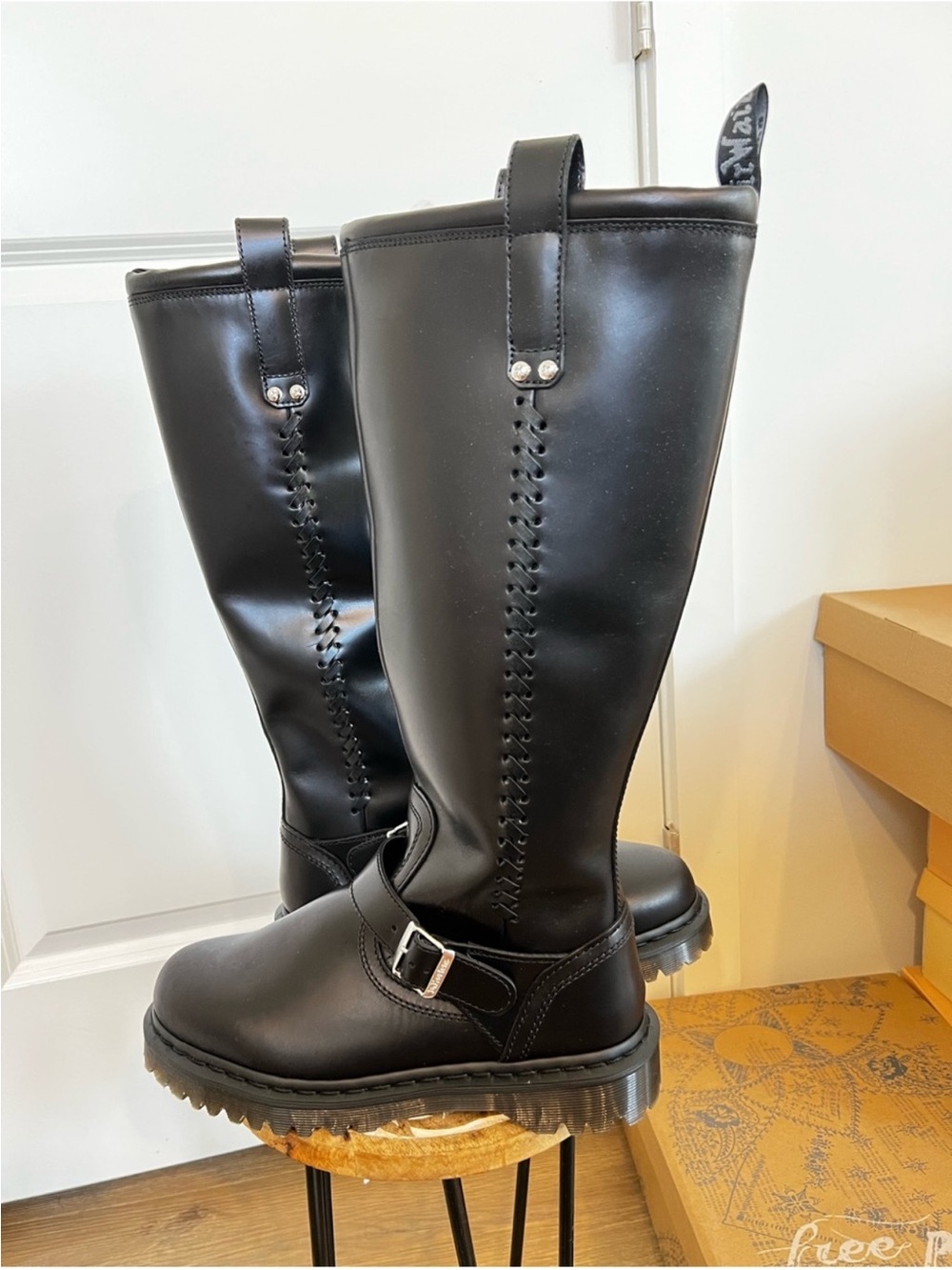 NWOB Dr. Martens Women's Black Tall Leather Buckle Boots size 9